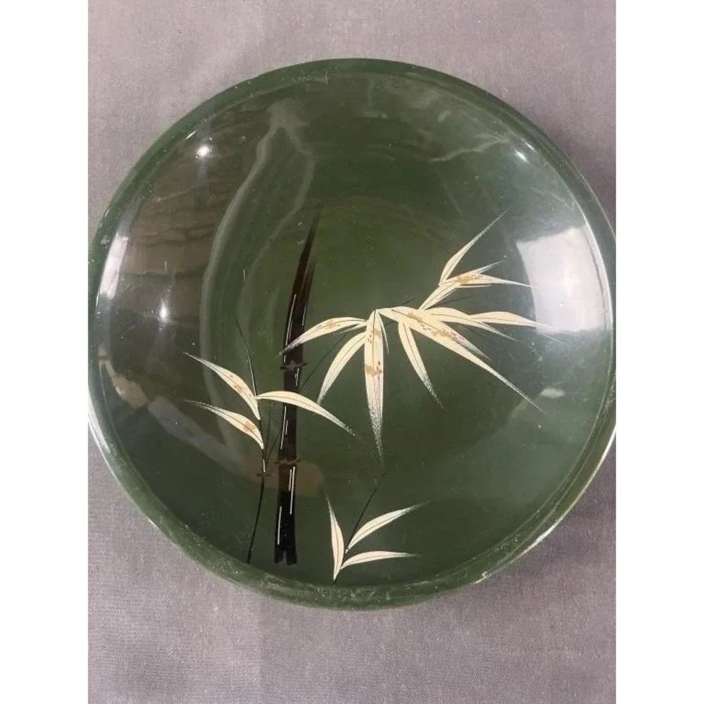 Vintage Japanese Lacquerware 1 Red 1 Green & Gold Hand Painted Bamboo Bowls 9.5